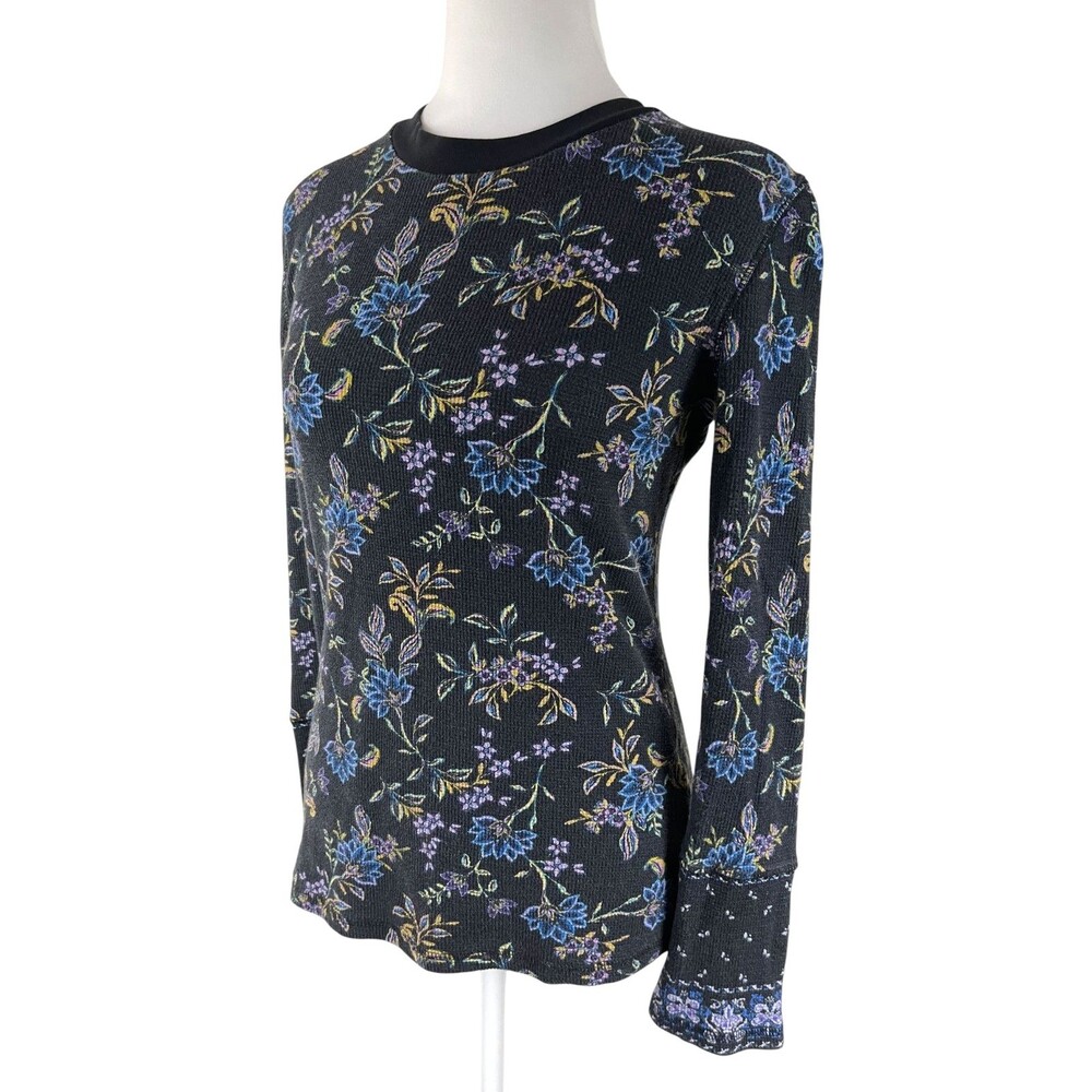 Sundance Loretta Thermal Waffle Knit Tee Long Sleeve Black Wildflower Floral M - Picture 4 of 14